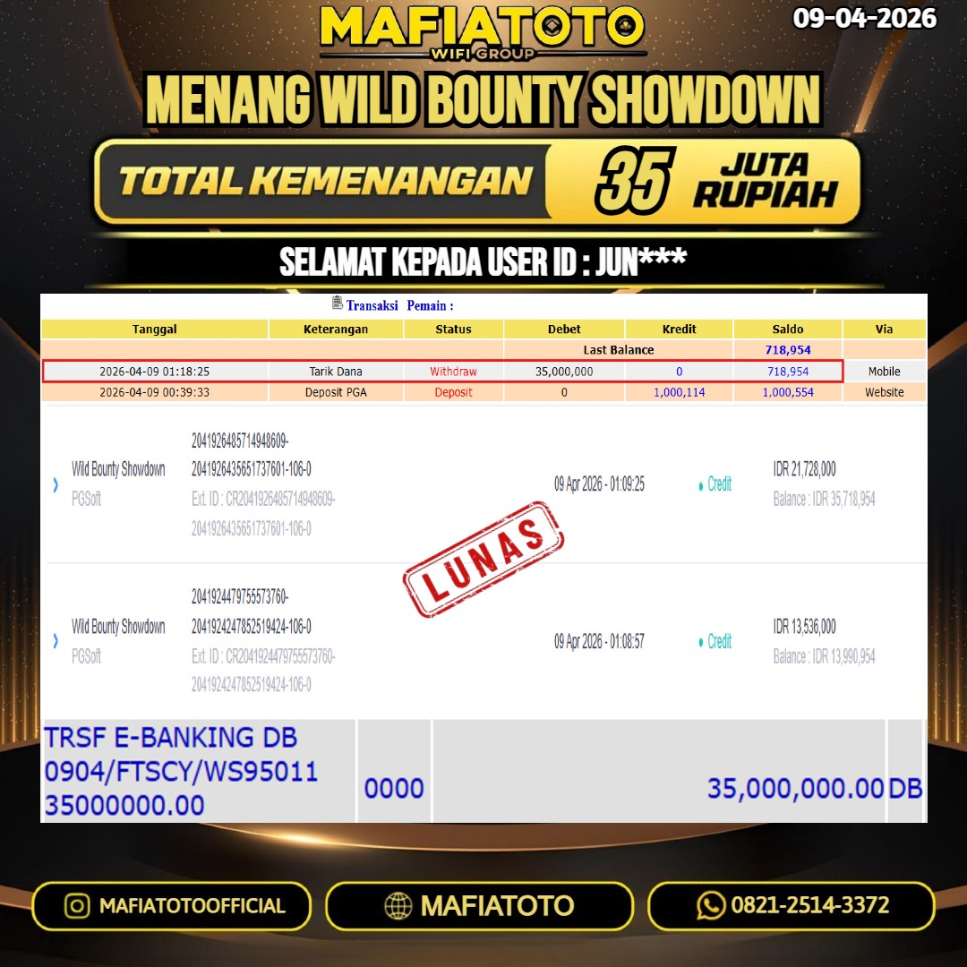 MAFIATOTO JACKPOT SLOT WILD BOUNTY SHOWDOWN RP.35.000.000 - LUNAS ID : JUN***