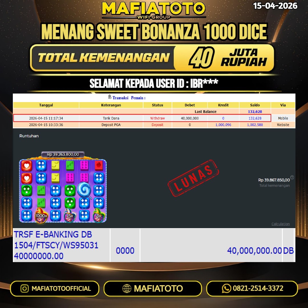 MAFIATOTO JACKPOT SLOT SWEET BONANZA 1000 DICE RP.40.000.000 - LUNAS ID : IBR***