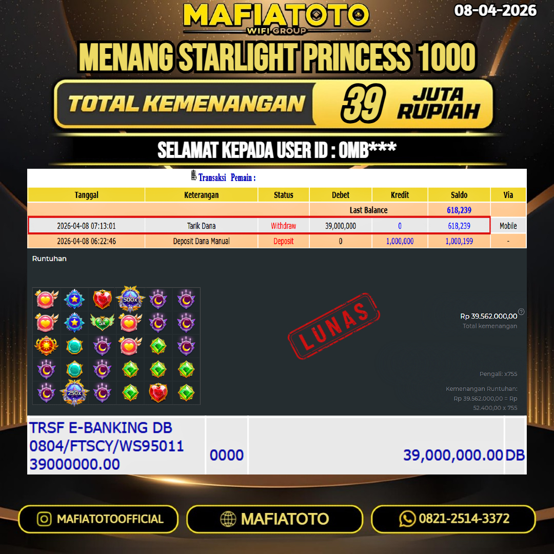 MAFIATOTO JACKPOT SLOT STARLIGHT PRINCESS 1000 RP.39.000.000 - LUNAS ID : OMB***