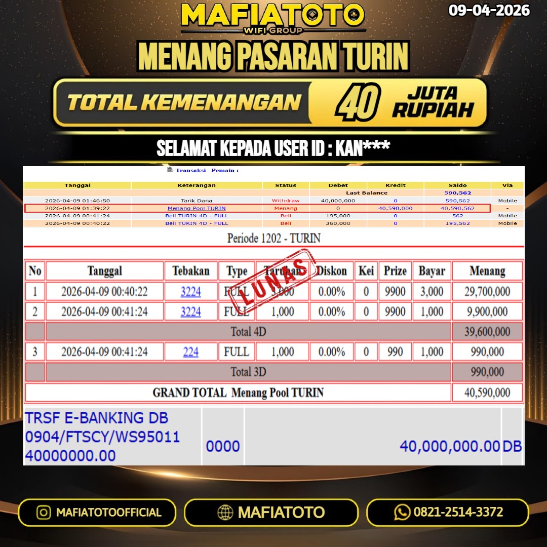 MAFIATOTO JACKPOT TOGEL PASARAN TURIN RP.40.000.000 - LUNAS ID : KAN***