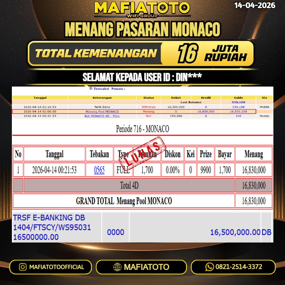 MAFIATOTO JACKPOT TOGEL PASARAN MONACO RP.16.000.000 - LUNAS ID : DIN***