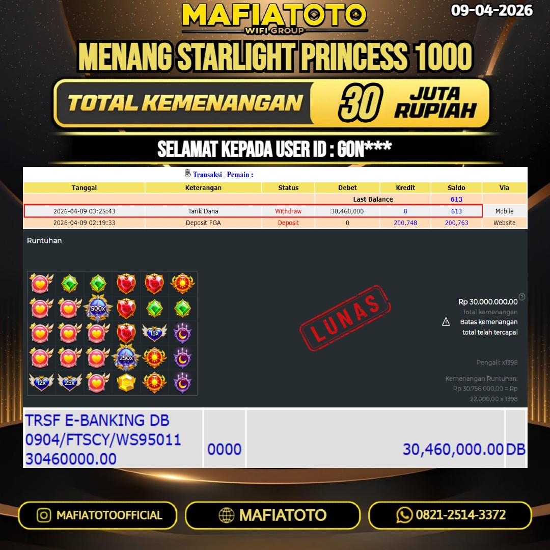 MAFIATOTO JACKPOT SLOT STARLIGHT PRINCESS 1000 RP.30.000.000 - LUNAS ID : GON***