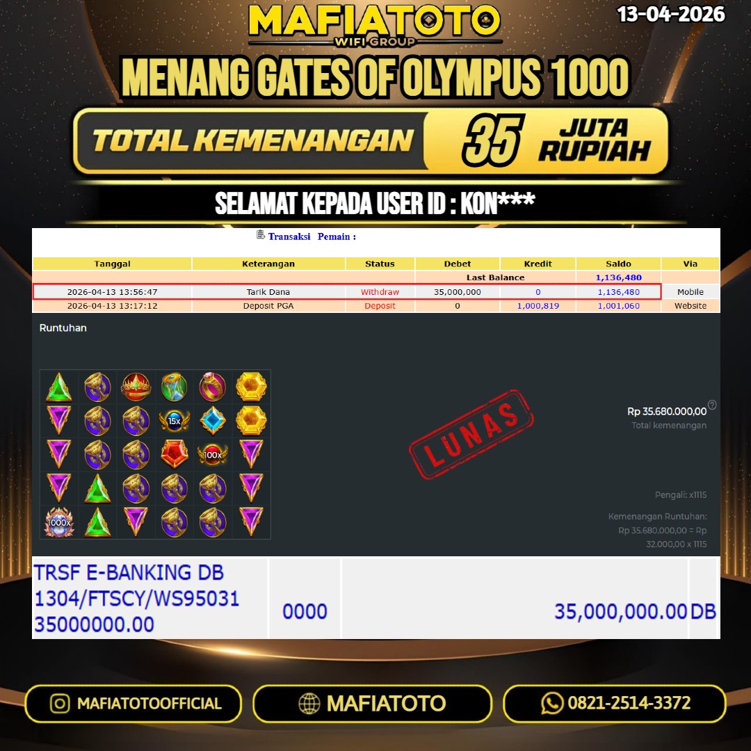 MAFIATOTO JACKPOT SLOT GATES OF OLYMPUS 1000 RP.35.000.000 - LUNAS ID : KON***