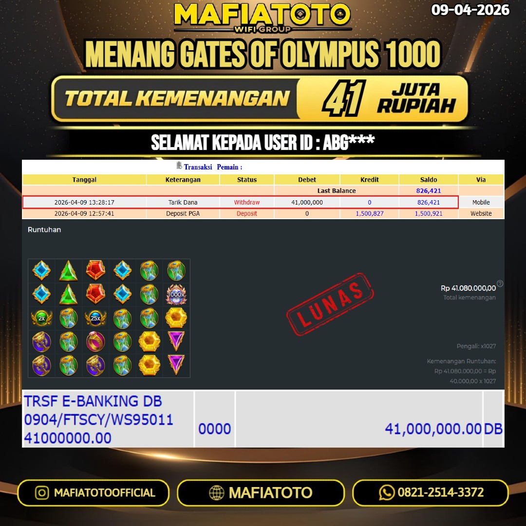 MAFIATOTO JACKPOT SLOT GATES OF OLYMPUS 1000 RP.41.000.000 - LUNAS ID : ABG***