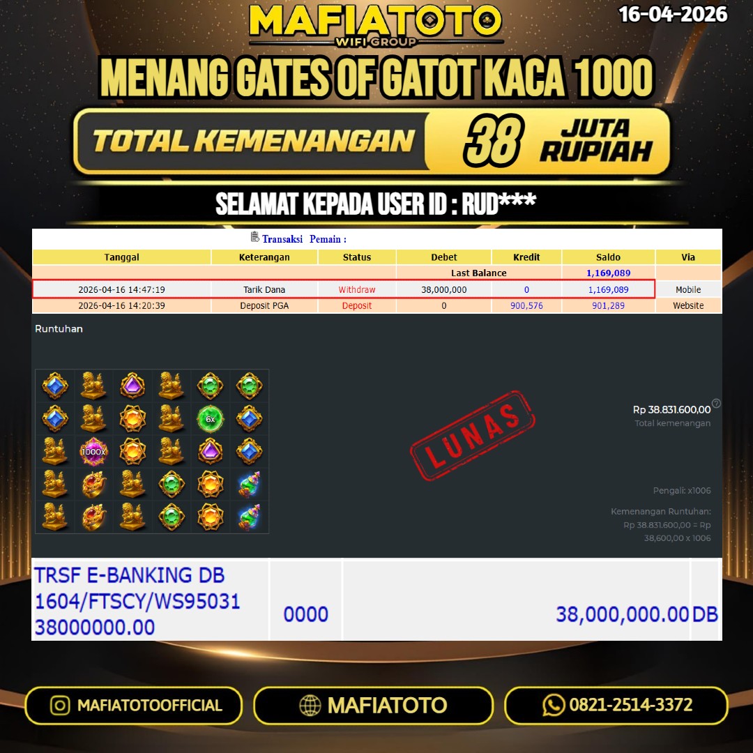 MAFIATOTO JACKPOT SLOT GATES OF GATOT KACA 1000 RP.38.000.000 - LUNAS ID : RUD***