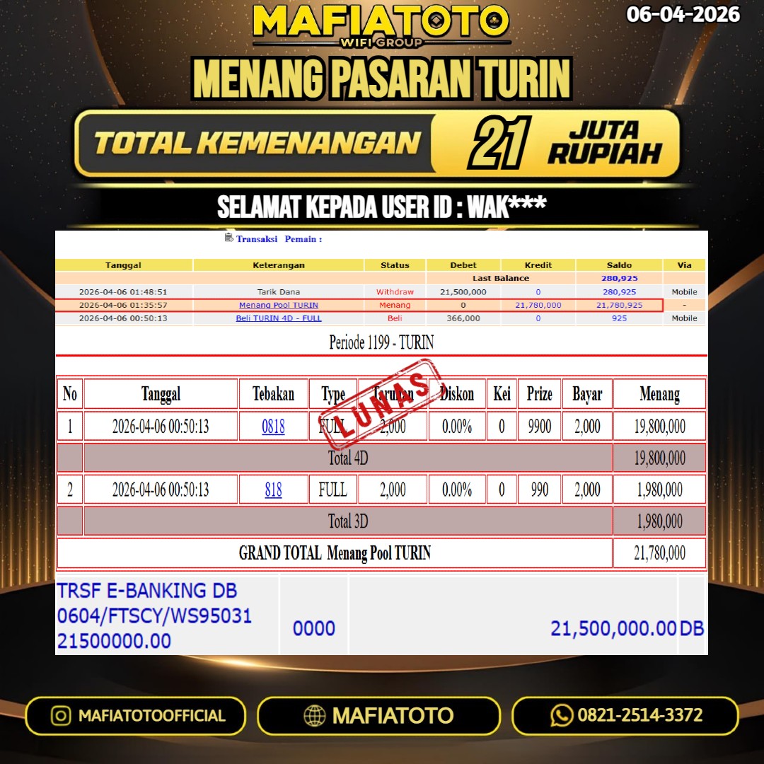 MAFIATOTO JACKPOT TOGEL PASARAN TURIN RP.21.000.000 - LUNAS ID : WAK***