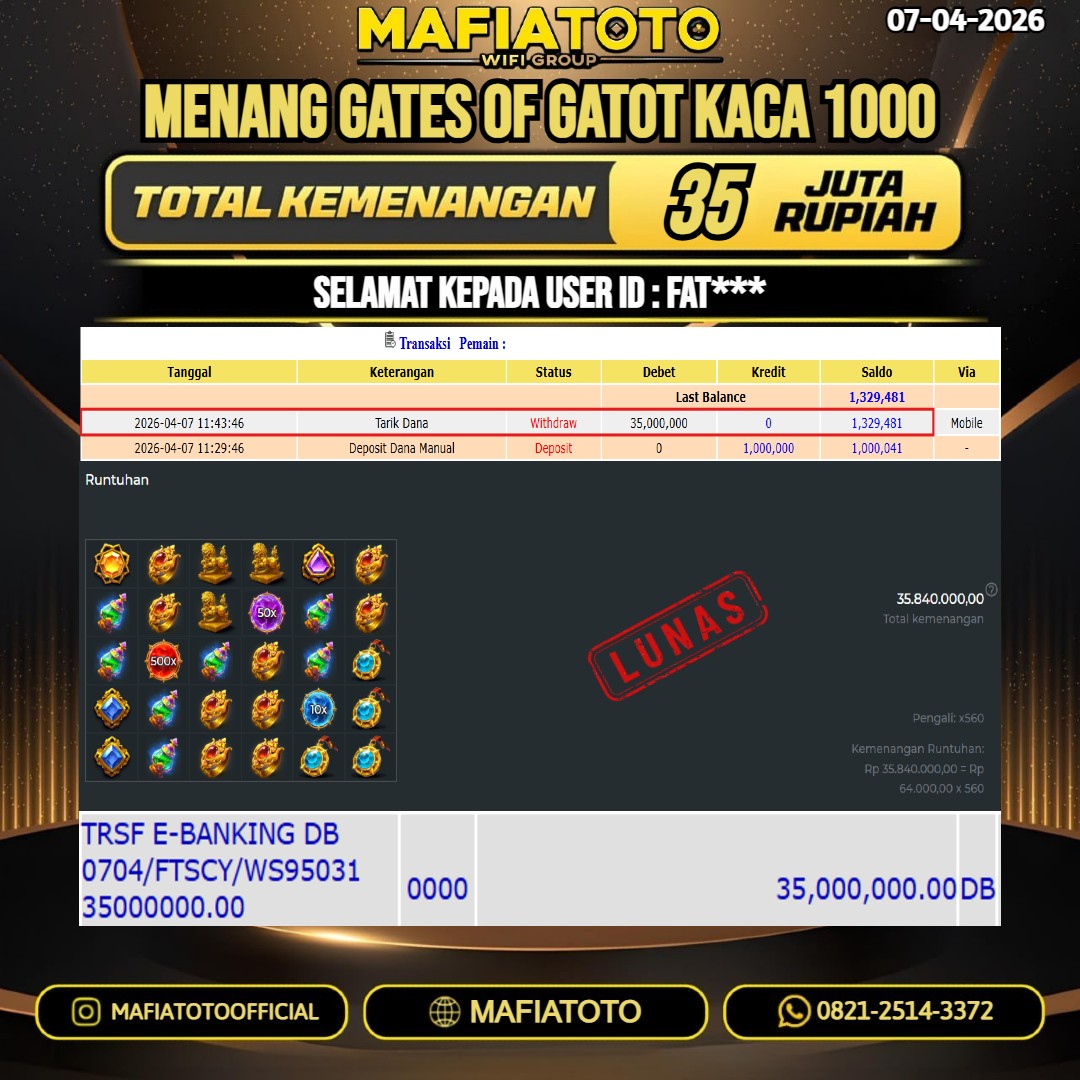 MAFIATOTO JACKPOT SLOT GATES OF GATOT KACA 1000 RP.35.000.000 - LUNAS ID : FAT***