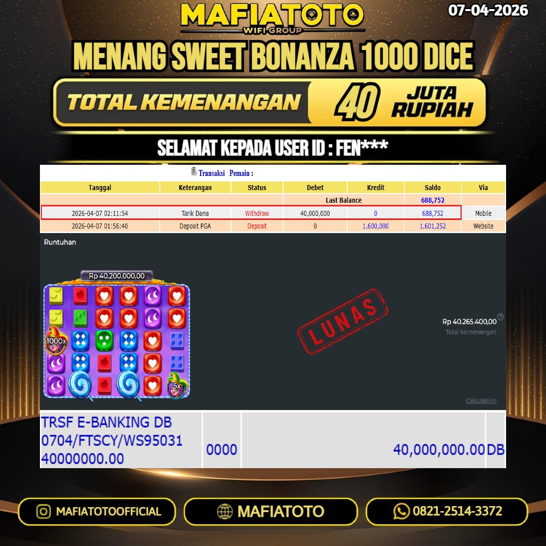 MAFIATOTO JACKPOT SLOT SWEET BONANZA 1000 DICE RP.40.000.000 - LUNAS ID : FEN***