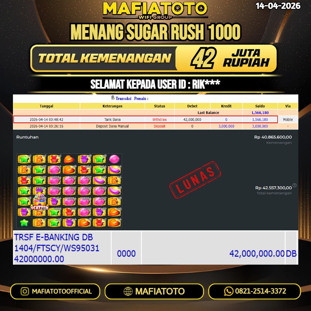 MAFIATOTO JACKPOT SLOT SUGAR RUSH 1000 RP.42.000.000 - LUNAS ID : RIK***