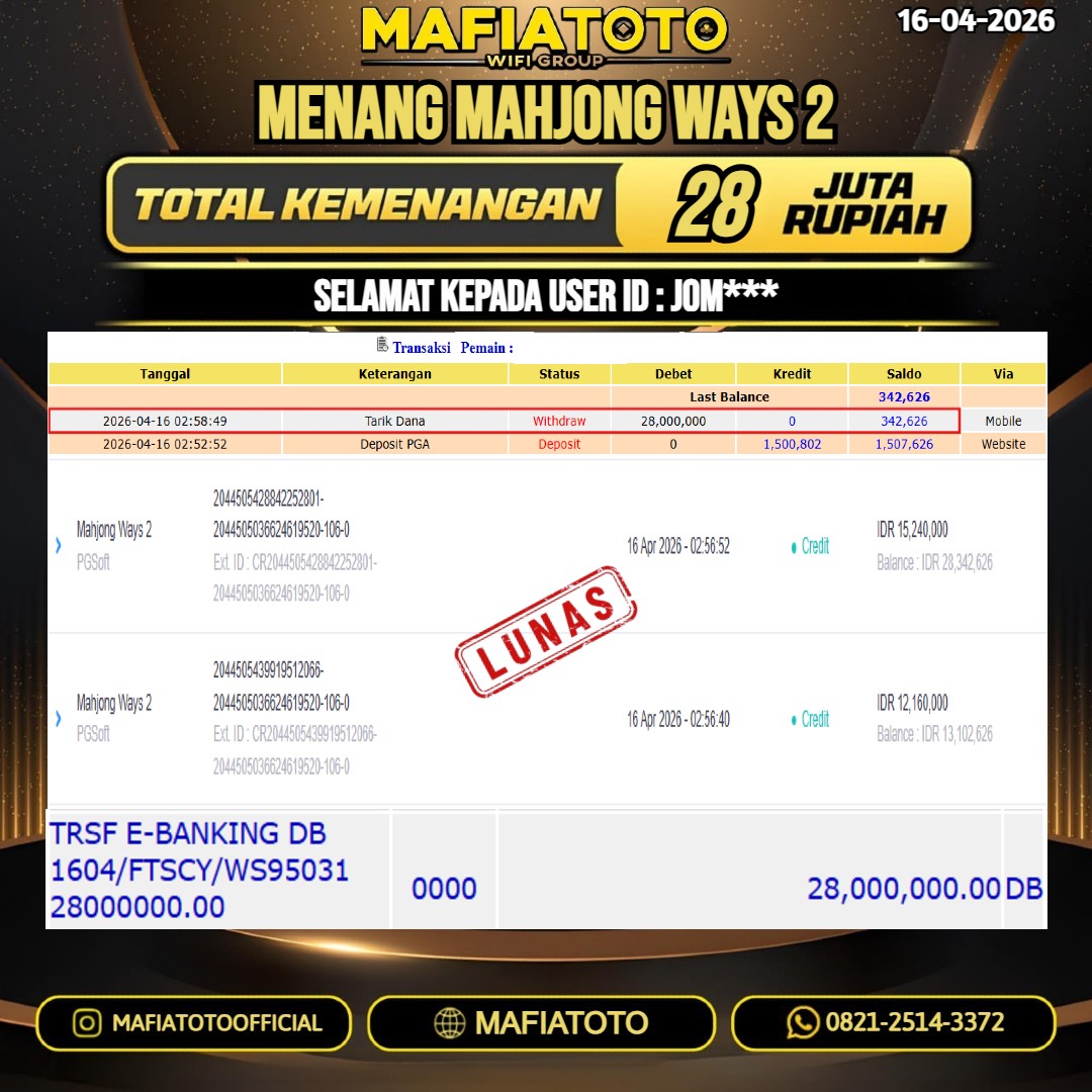 MAFIATOTO JACKPOT SLOT MAHJONG WAYS 2 RP.28.000.000 - LUNAS ID : JOM***