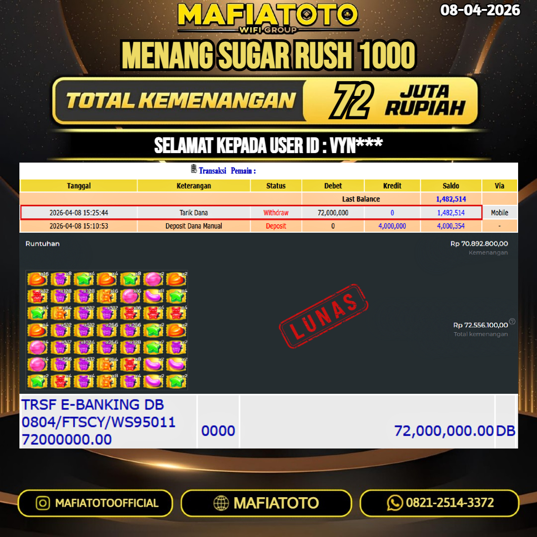 MAFIATOTO JACKPOT SLOT SUGAR RUSH 1000 RP.72.000.000 - LUNAS ID : VYN***