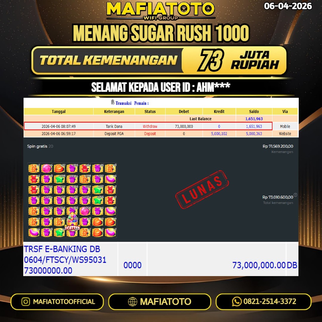 MAFIATOTO JACKPOT SLOT SUGAR RUSH 1000 RP.73.000.000 - LUNAS ID : AHM***