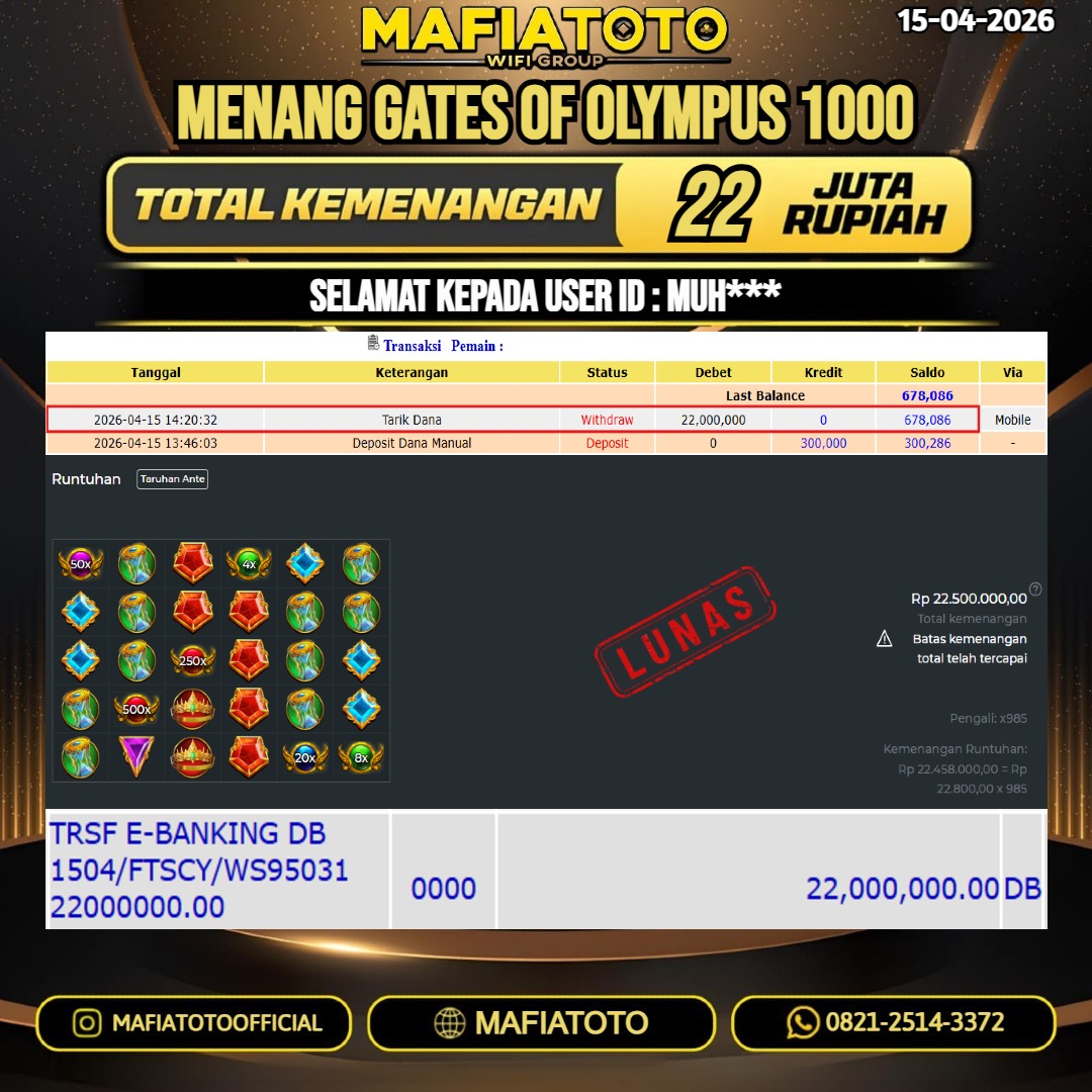 MAFIATOTO JACKPOT SLOT GATES OF OLYMPUS 1000 RP.22.000.000 - LUNAS ID : MUH***
